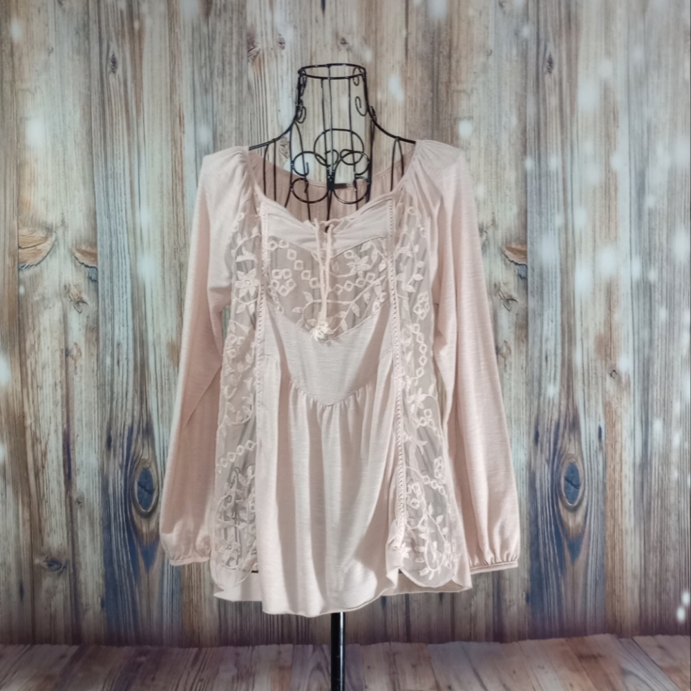 POOF Pink Long Sleeve Embroidery Accent Blouse Shirt Top